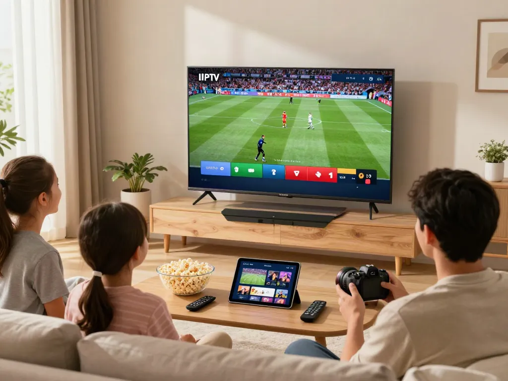 Family enjoying a movie night with abbonamento iptv streaming on a Smart TV in a cozy living room.