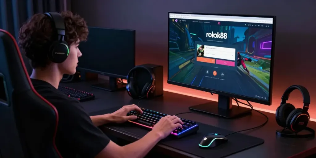 User engaging with rokok88 login on a vibrant online gaming interface featuring gaming equipment.