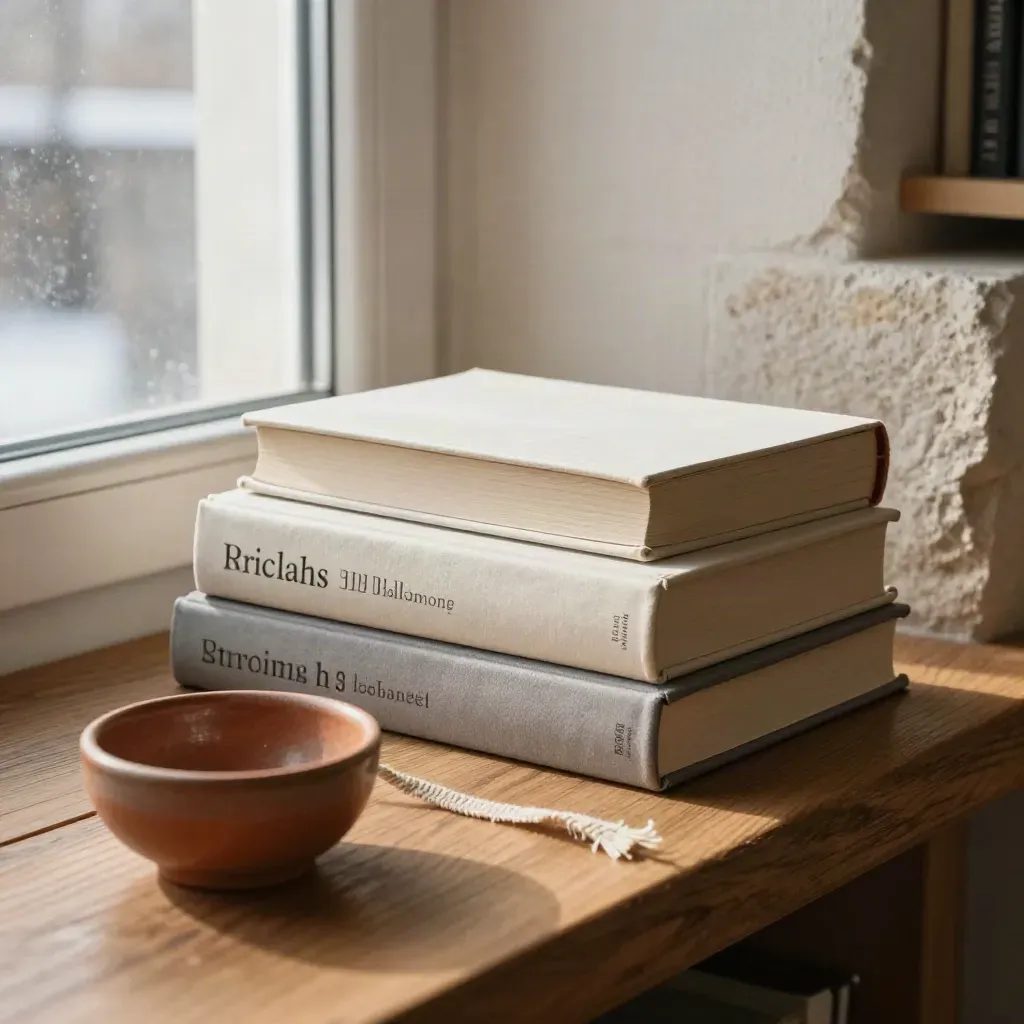Tre libri hardcover in movimento su una panca in legno, ciotola in ceramica e segnalibro logoro.