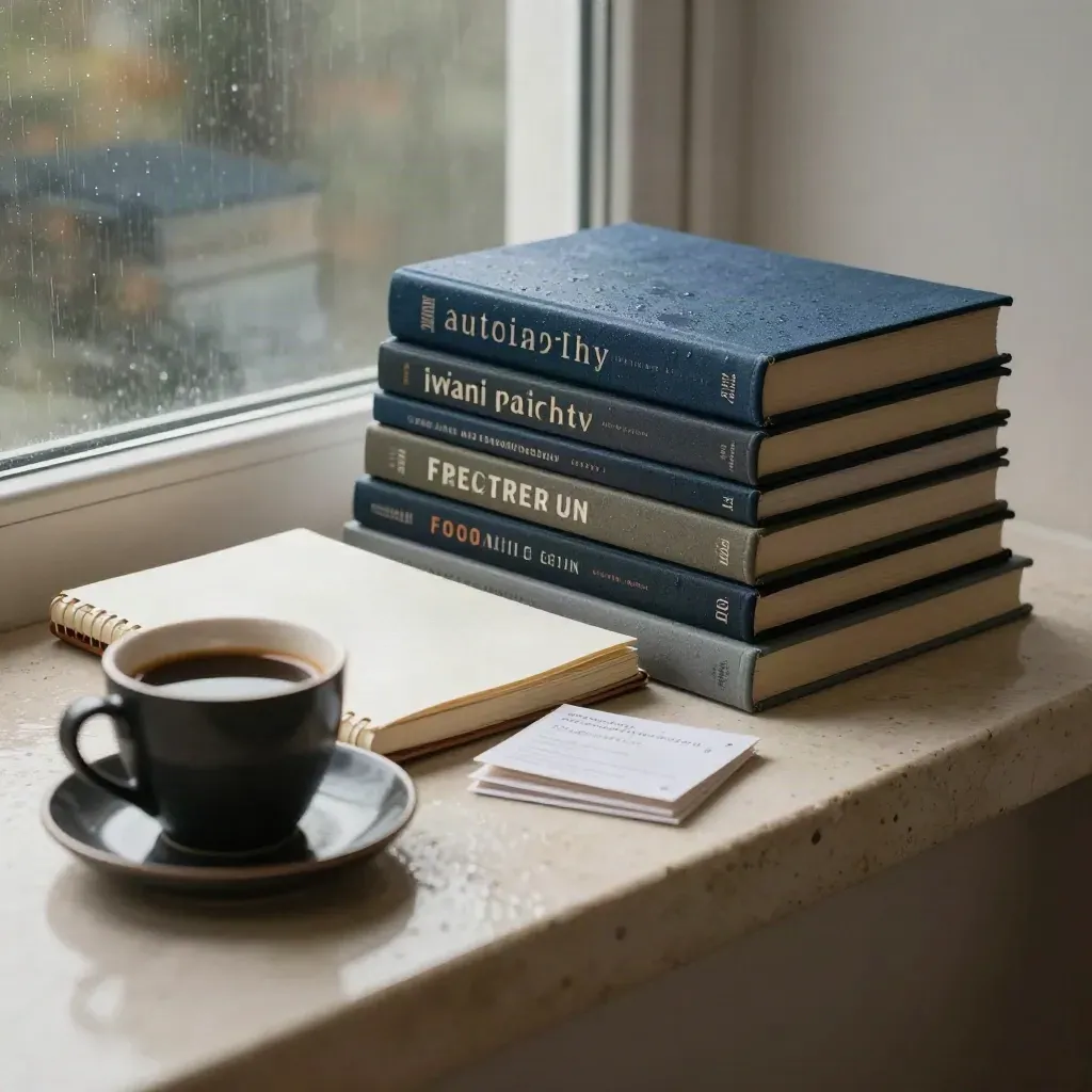 Libri startup, taccuino ed espresso su pietra bagnata dalla pioggia all’alba.