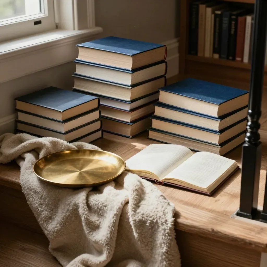 Angolo lettura di founder con libri, coperta stropicciata e vassoio in ottone.