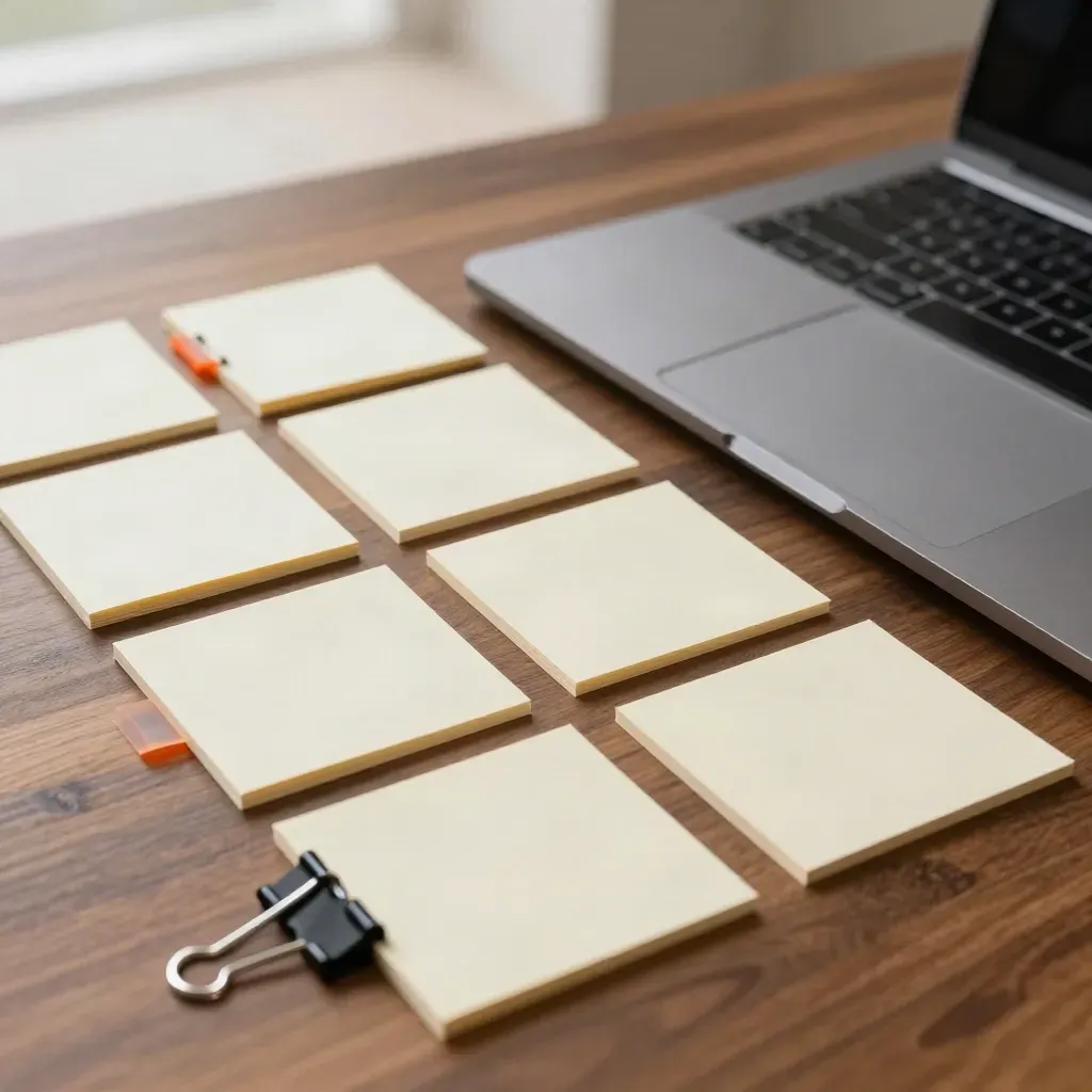 Carte vuote, laptop chiuso e tab arancioni su tavolo in legno, disposti in diagonale.