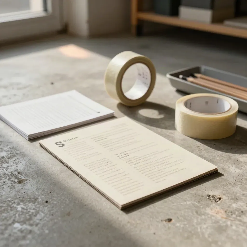 Mockup di cartone, cartoncini e nastro adesivo su cemento, in una luce calda del tardo pomeriggio.
