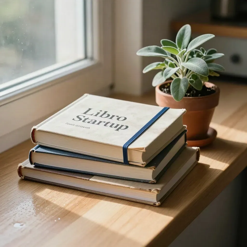 Libri startup, custodia di cartone e vaso di erbe su davanzale, luce mattutina calda.