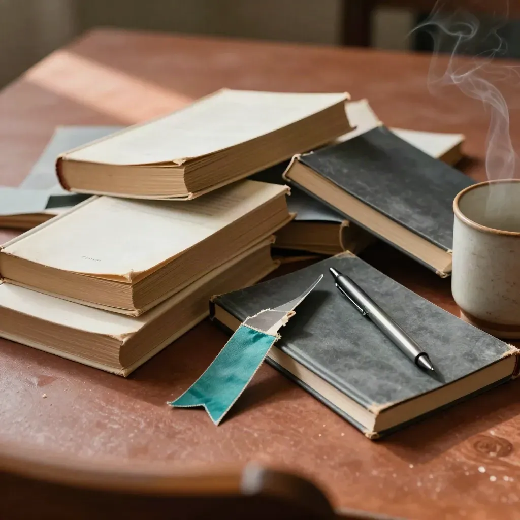 Pila di libri consumati, tazza scheggiata e segnalibro piegato su un tavolo di terracotta.