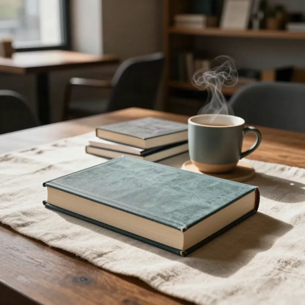 Libri startup su runner di lino con tazza fumante in un angolo caldo di coworking.