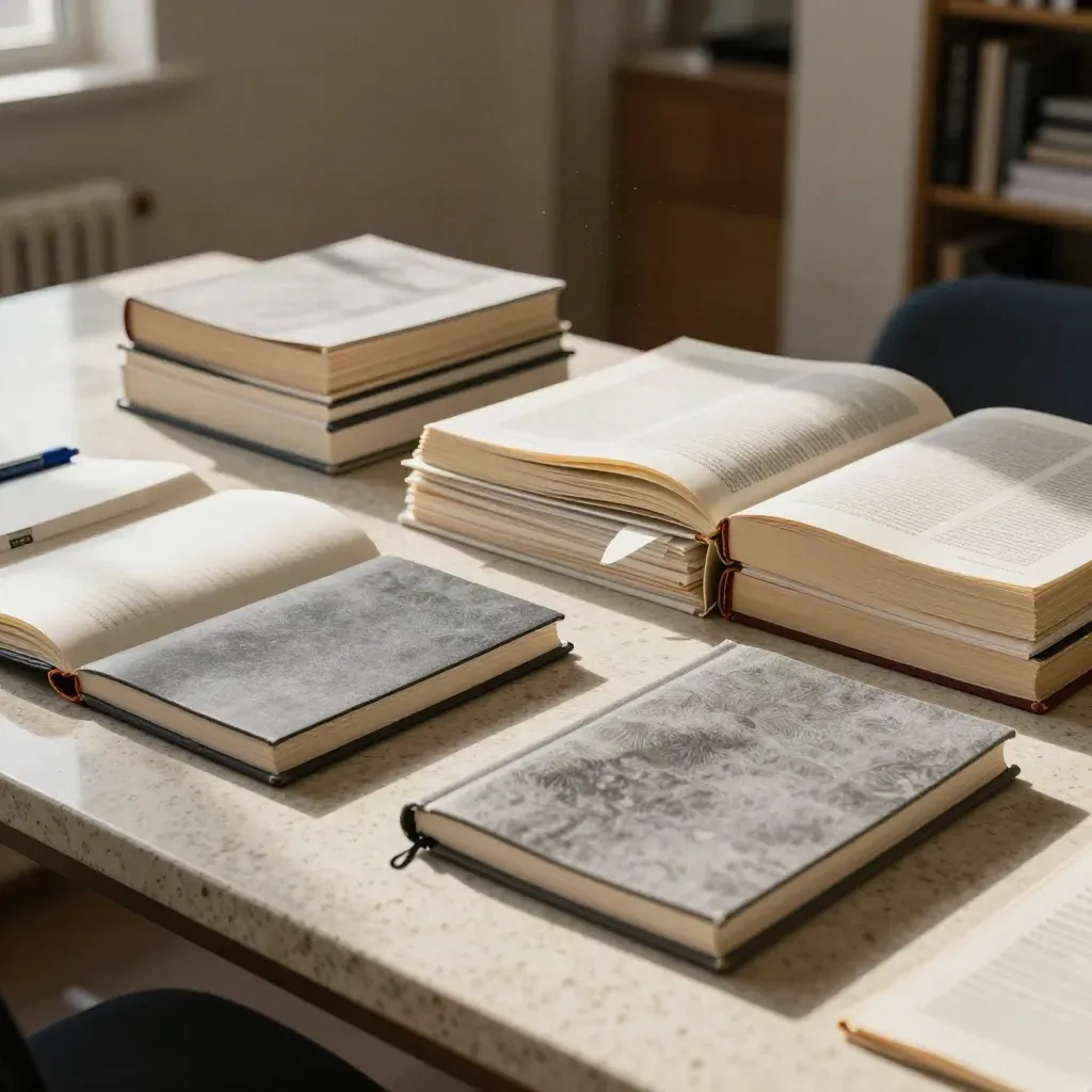Pile di libri annotati e quaderno monocromo su tavolo in travertino, luce morbida.