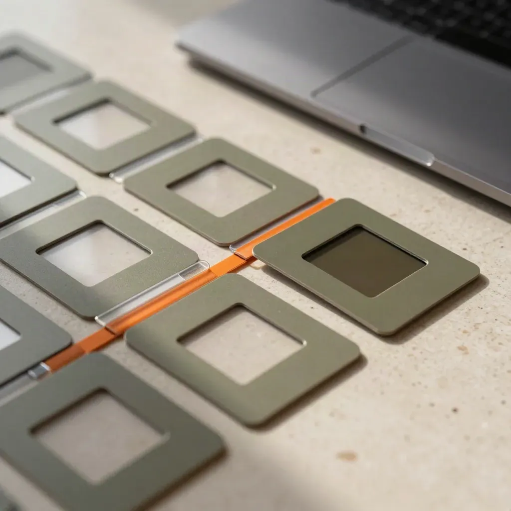 Carte slide allineate con laptop chiuso e tab arancione su travertino chiaro