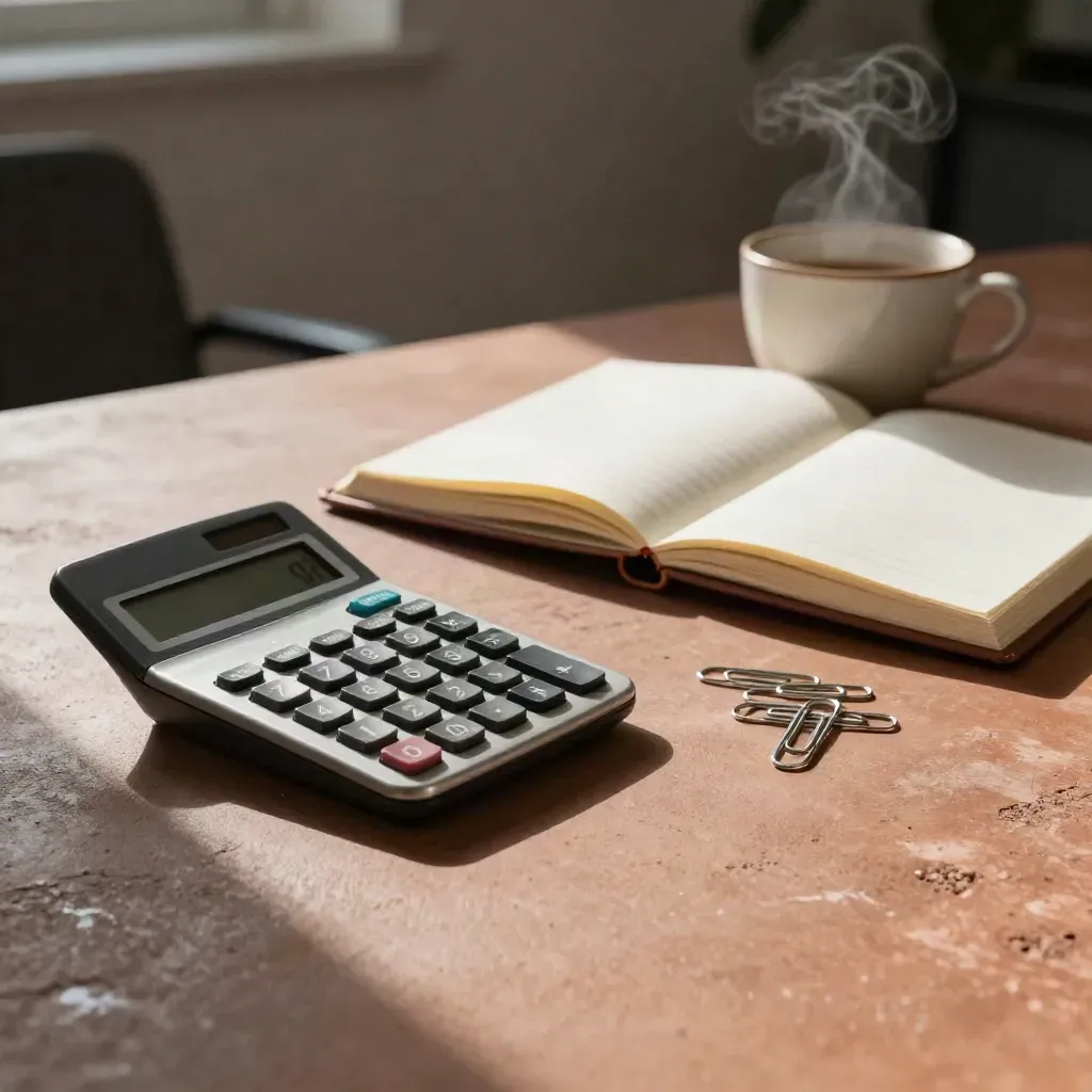 Calcolatrice, registro contabile, graffette e tazza in ceramica su scrivania illuminata di taglio.