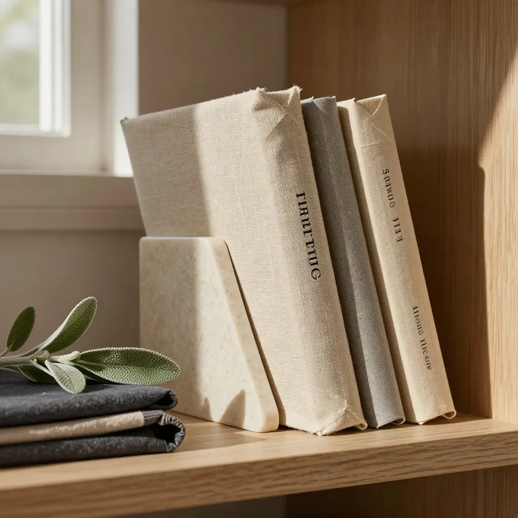 Tre libri su uno scaffale, con fermalibri in pietra, stoffa piegata e una piccola pianta.
