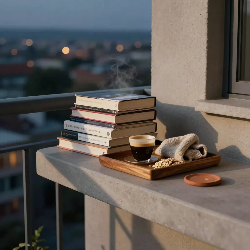 Cornice balcone con libri, tazzina di espresso e vassoio in ulivo al tramonto, città sfocata sullo sfondo.