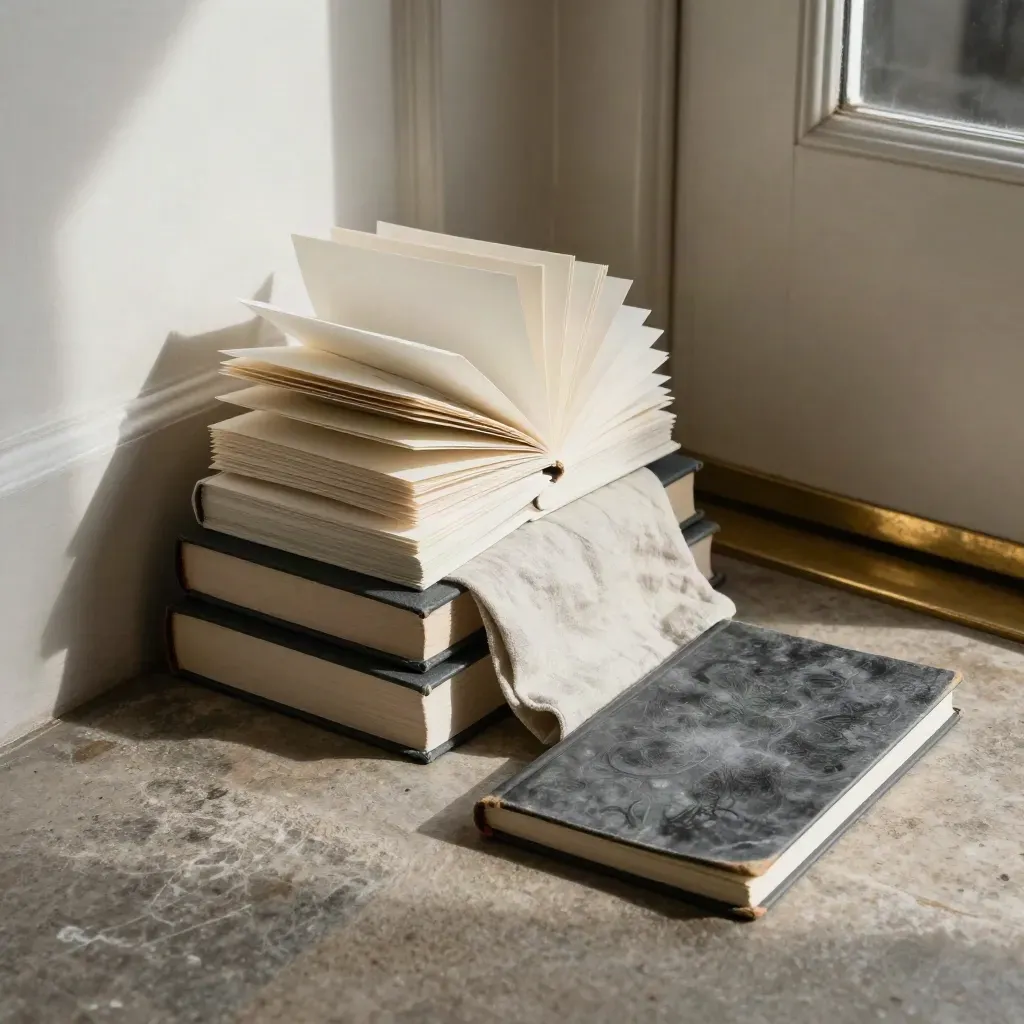 Pile di libri startup con tab, quaderno chiuso e stoffa piegata vicino alla porta
