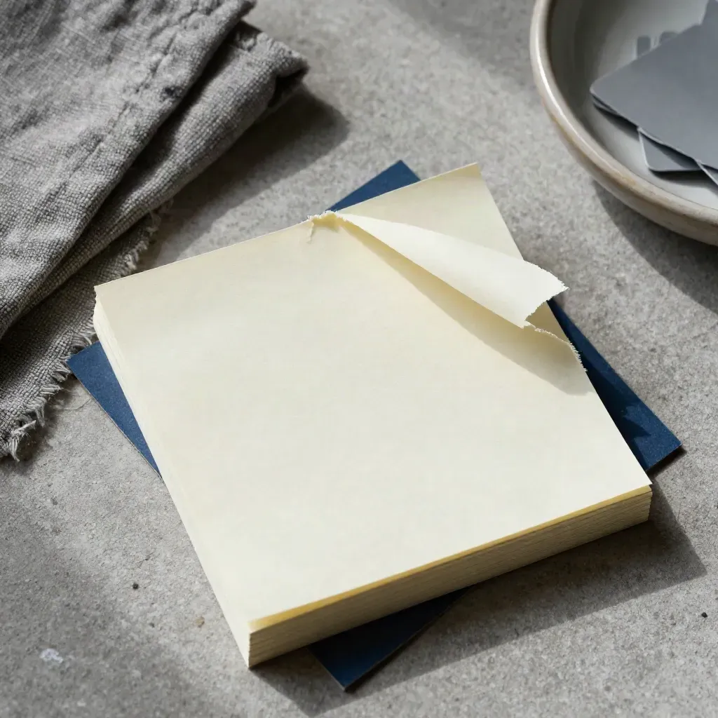 Blocchetto di sticky notes strappato con angolo sollevato, su cemento e lino, luce morbida.