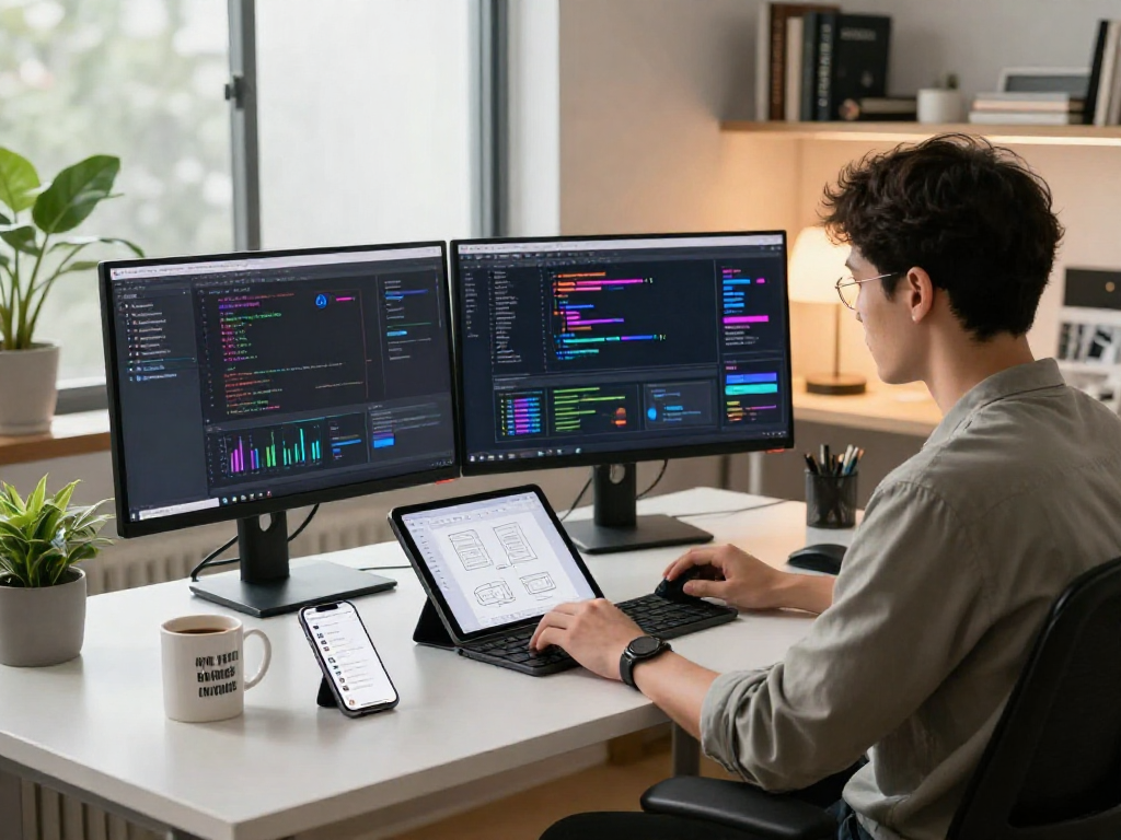 Juicy ai software developer in a modern workspace analyzing data and coding projects with dual monitors and AI technology.