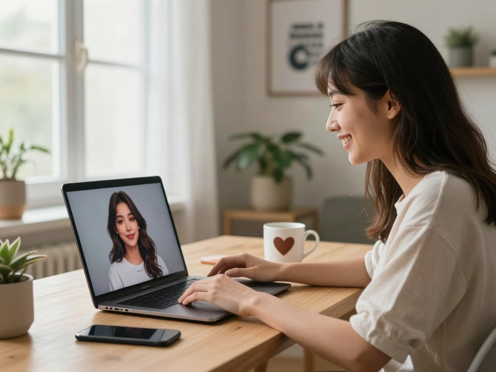 Engaging home office scene with ai gf interaction on screen, creating a warm digital romance atmosphere.