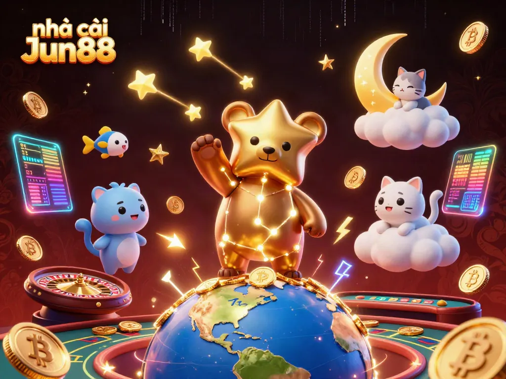 Bet on nhà cái Jun88 with engaging animated scenes featuring a constellation bear and casino elements.