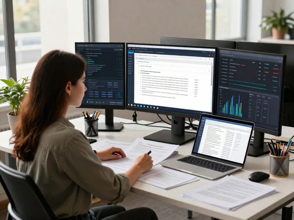 Data analyst using document fraud detection software in a modern workspace with multiple monitors and analytical visuals.
